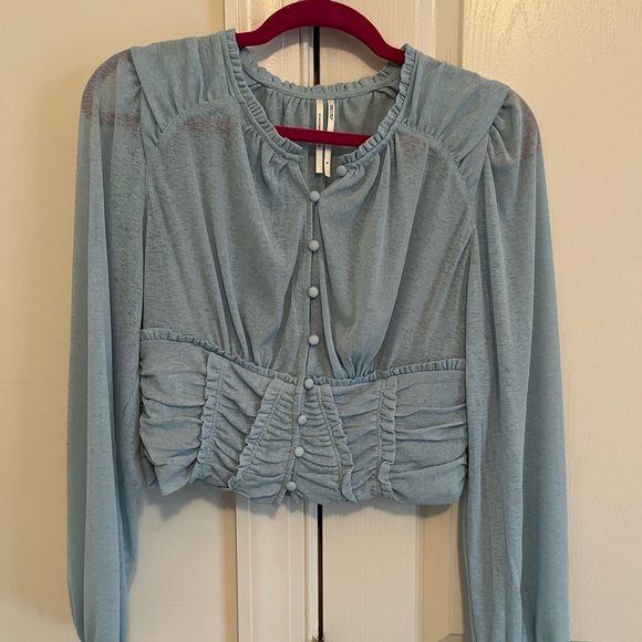 Anthropologie Tops - Anthropologie Light Blue Ruched Blouse